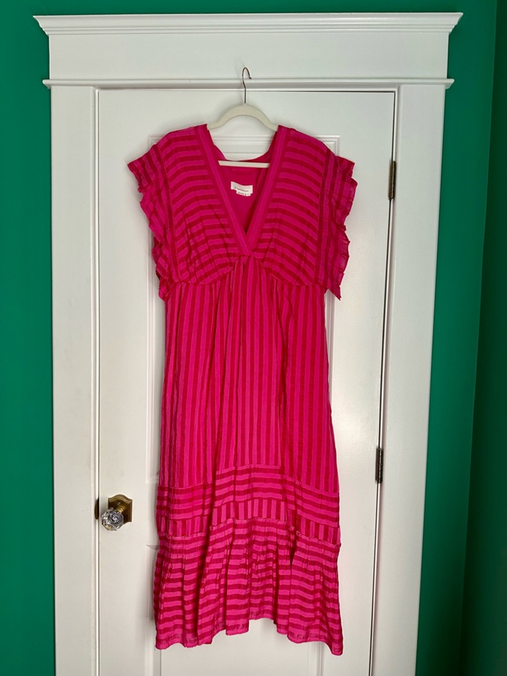 Anthropologie Pink Tonal Striped V-Neck  Flutter Sleeve Dress Pockets ~ Size L